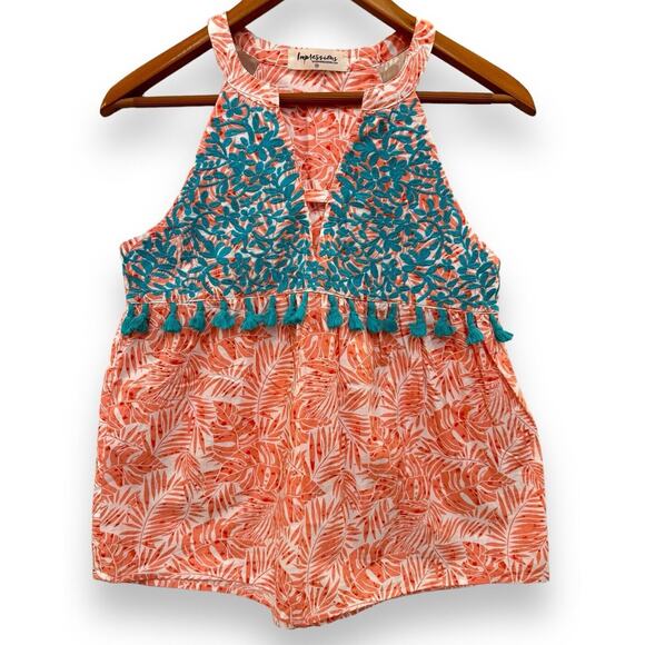 Impressions Womens XS Boho Embroidered Tank Top Cotton Palm Tropical Coral White - Picture 3 of 8